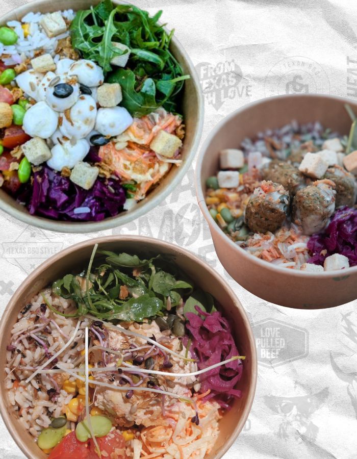 Plat poke bowl saumon ou fallafel ou mozza vege food truck evenement haute savoie